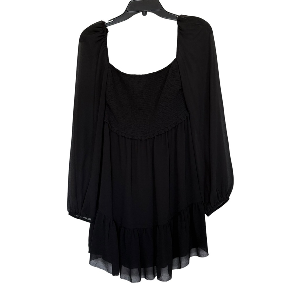 Aritzia Wilfred Tempest Tiered Mini Dress Sz S Black Smocked Bodice Sheer Sleeve